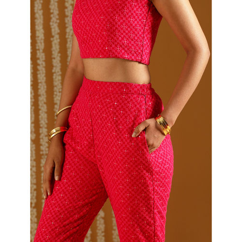 Buy Gajra Gang Tea-Time Pink Sheer Crop top flared palazzo & dupatta  GGSKD79 (Set of 3) online