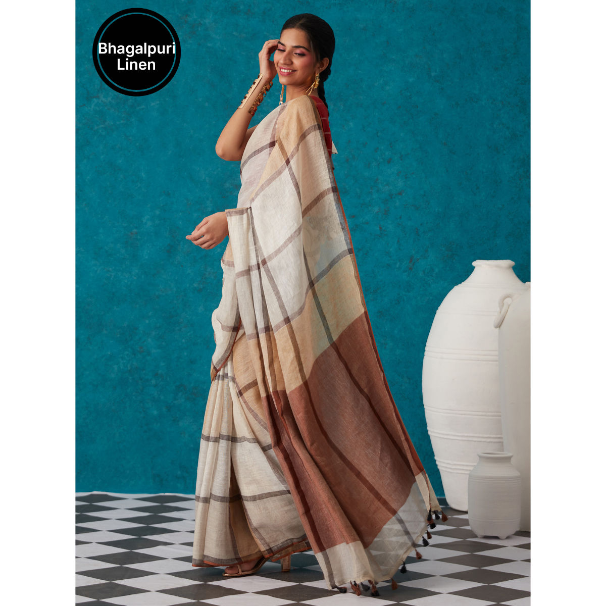 Silver Zari Bordered Plain Bhagalpuri Linen Saree | JKL101