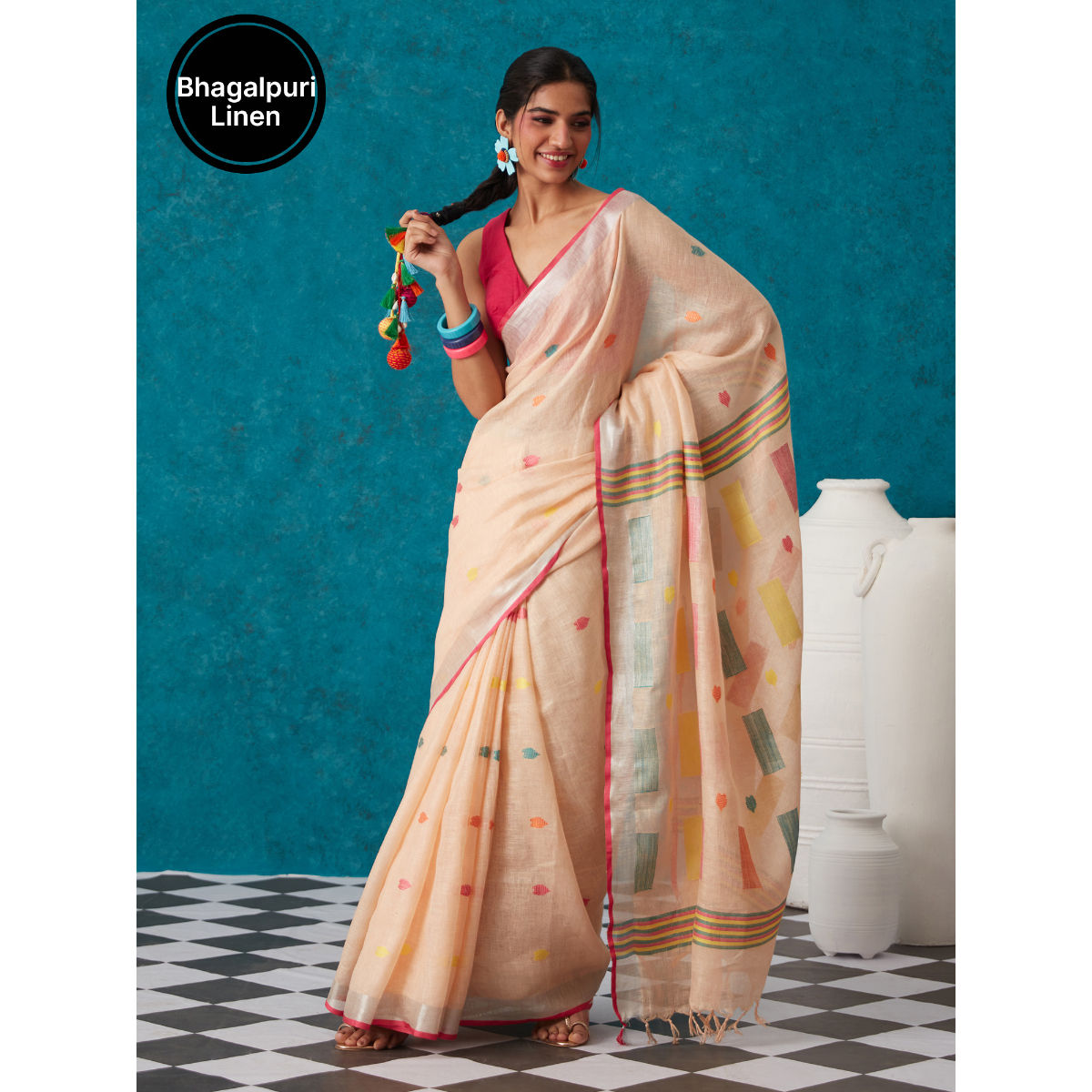 Buy Grey Orange Linen Saree | LINEN12/LPHP4 | The loom