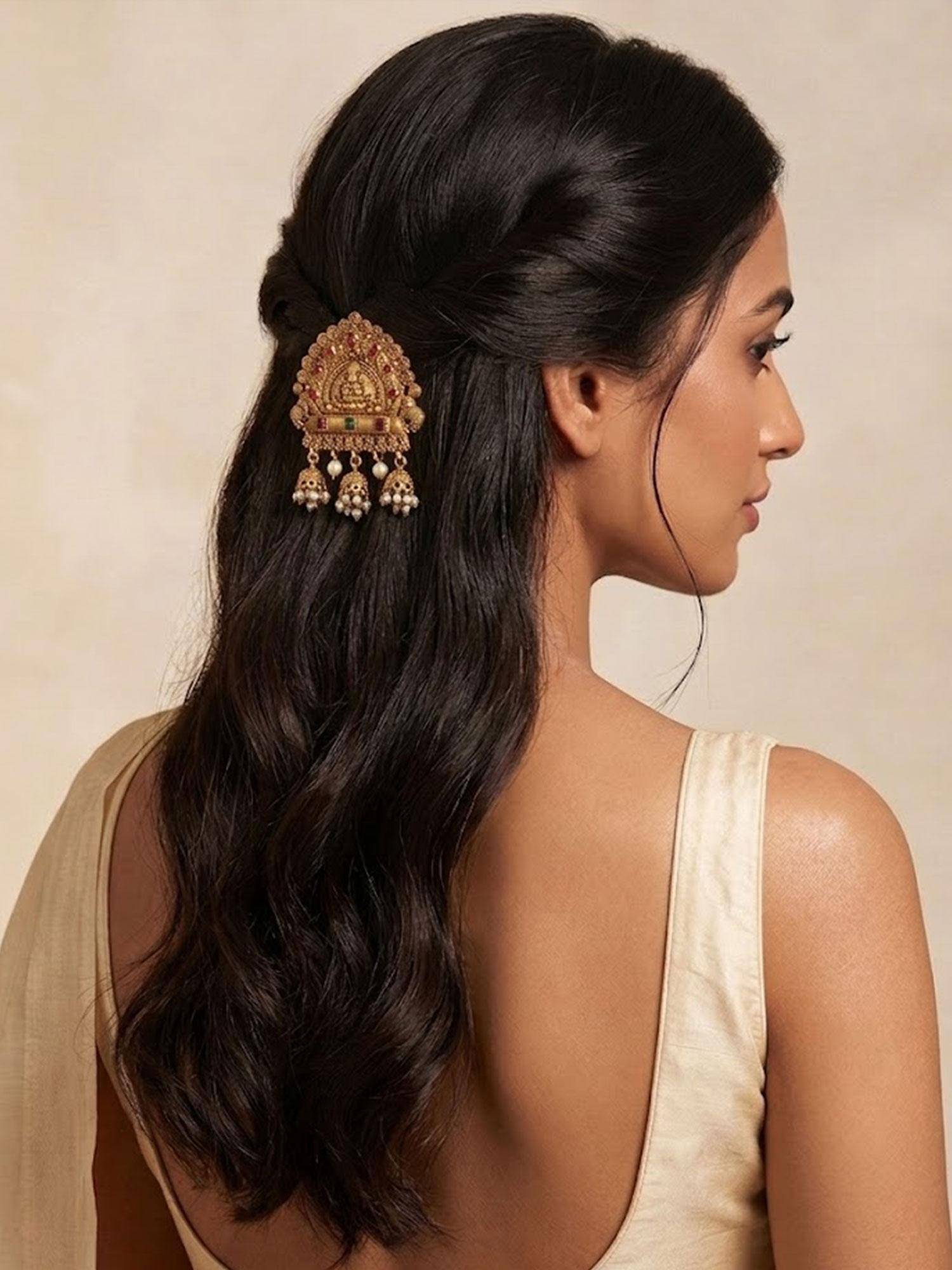 Niscka Pink and Green Stones Ethnic Laxmi Hair Bun Juda Pin Beads