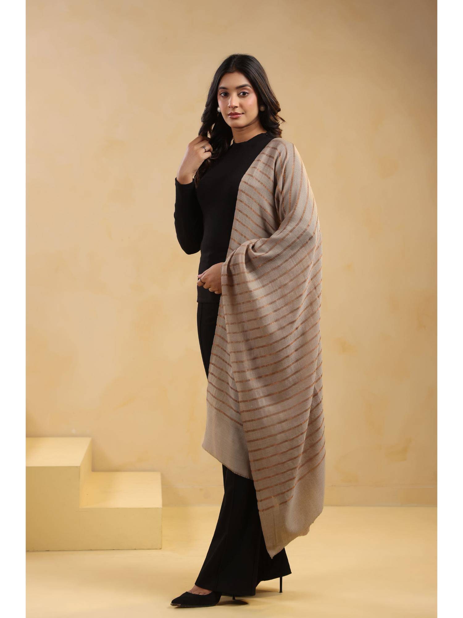 Zamour Fine Wool Zari Stripes Stole - Beige