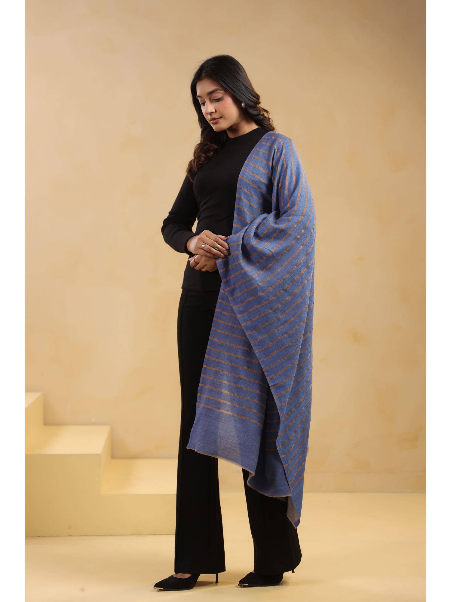 Zamour Fine Wool Zari Stripes Stole - Blue