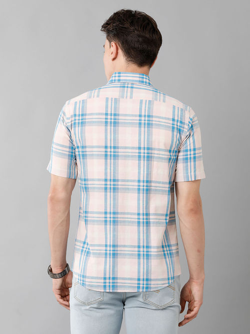 Buy CAVALLO By Linen Club Men's Cotton Linen Pink Checks Slim Fit Half Sleeve  Casual Shirt Online