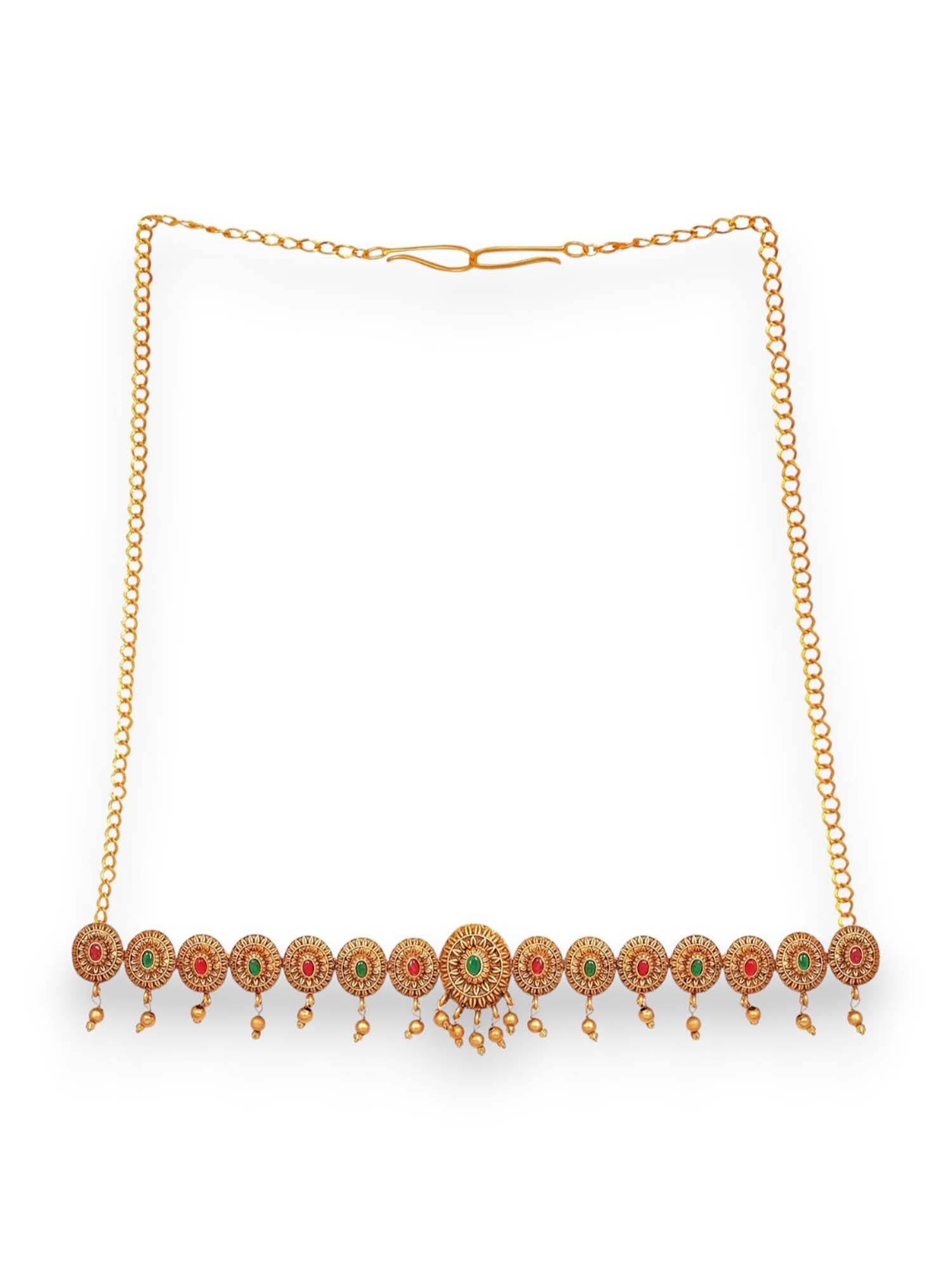 Accessher Gold Plated Red Green Stones Studded Waist Belt