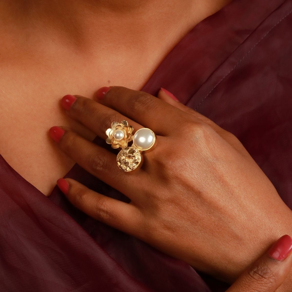 Ishhaara Gold Flower Petals Pearl Ring Buy Ishhaara Gold Flower Petals