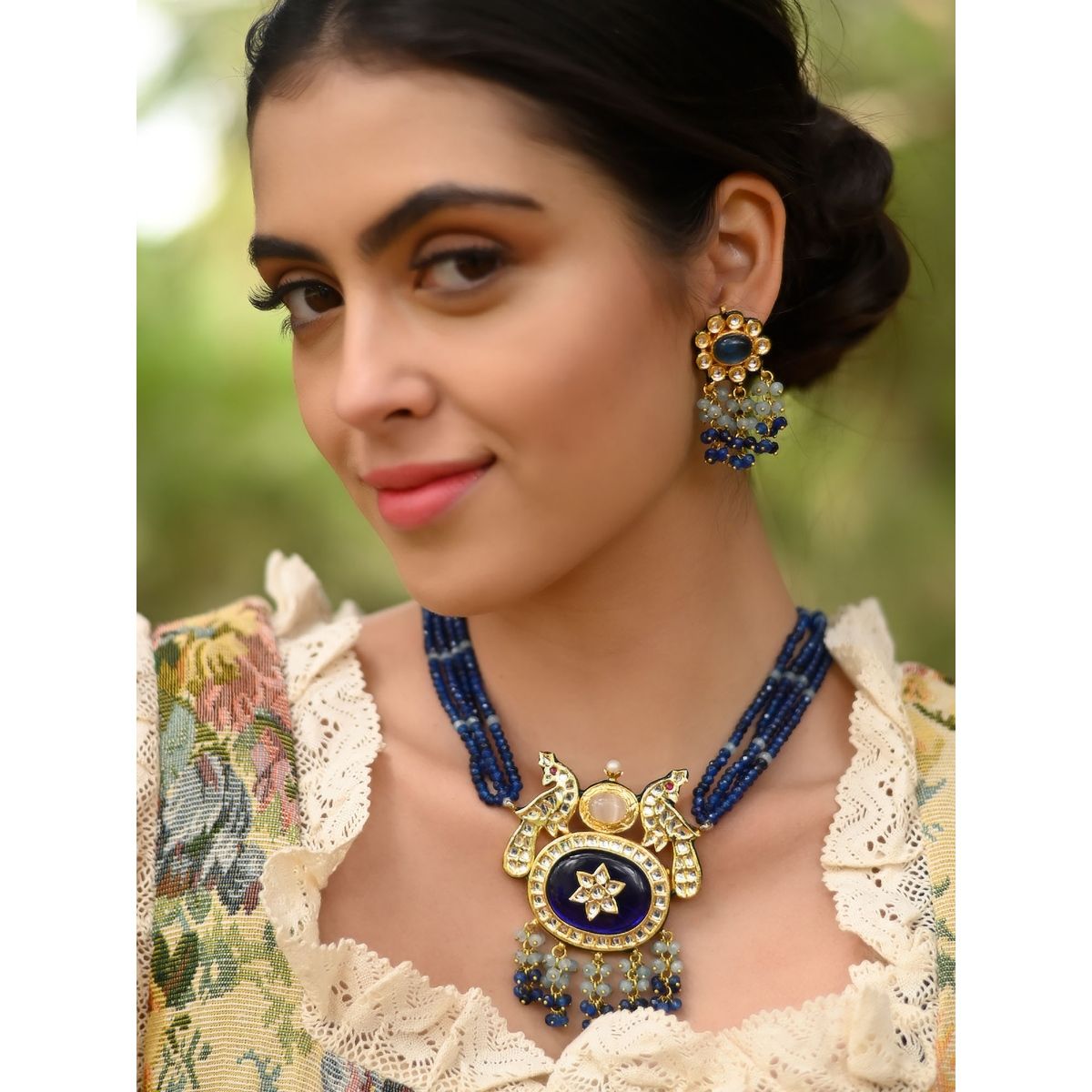 Blue White Beads Kundan Necklace Set - Fashionvalley