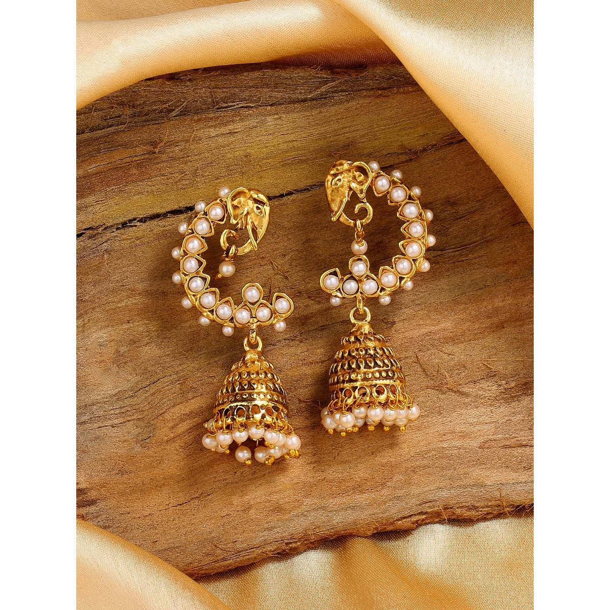 Estele Gold Tone Elephant Designer Traditional Jhumki Earrings with Pearls for Women