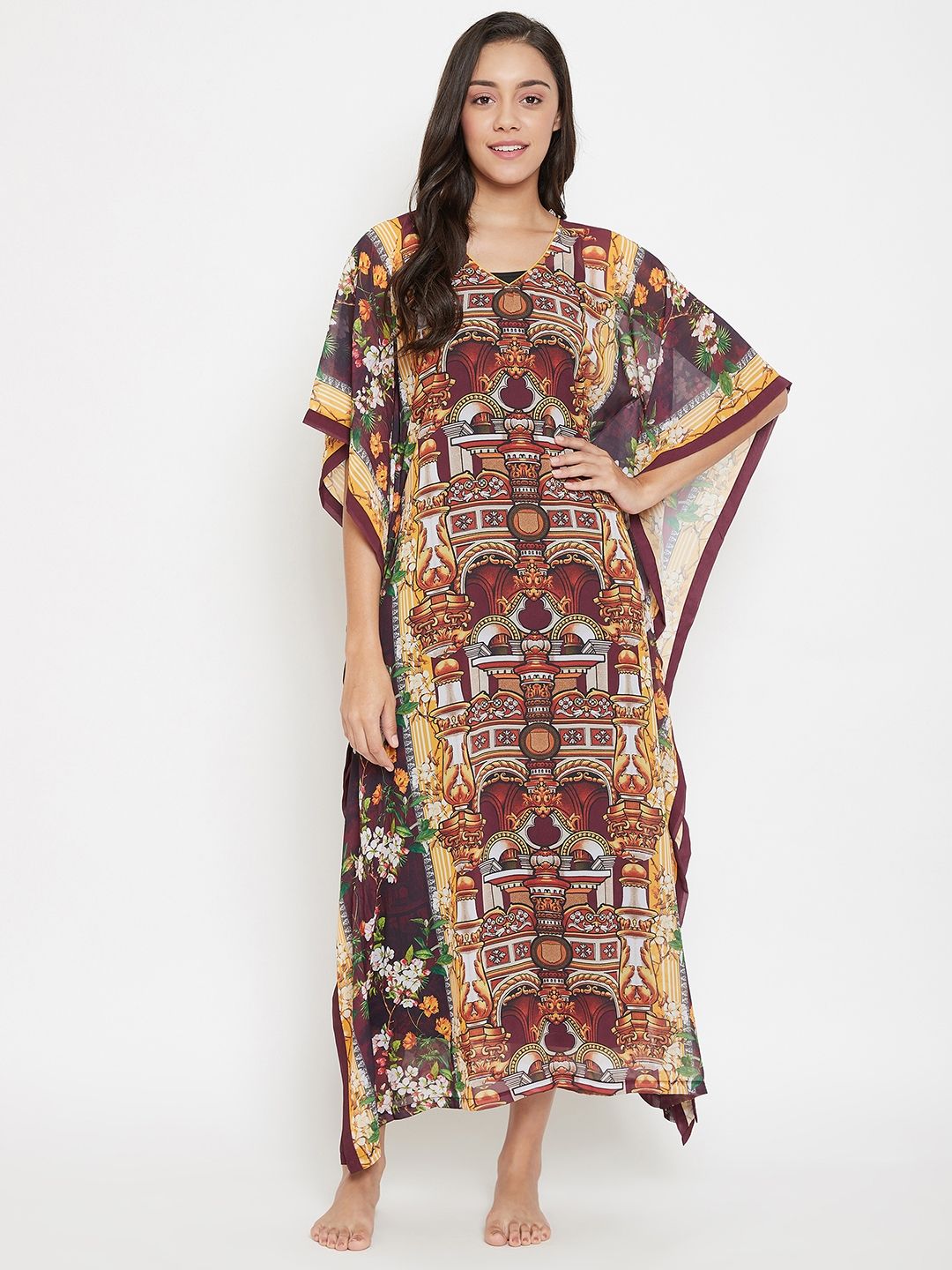 Chic contrast sleeve patch butterfly Kaftan Maroon