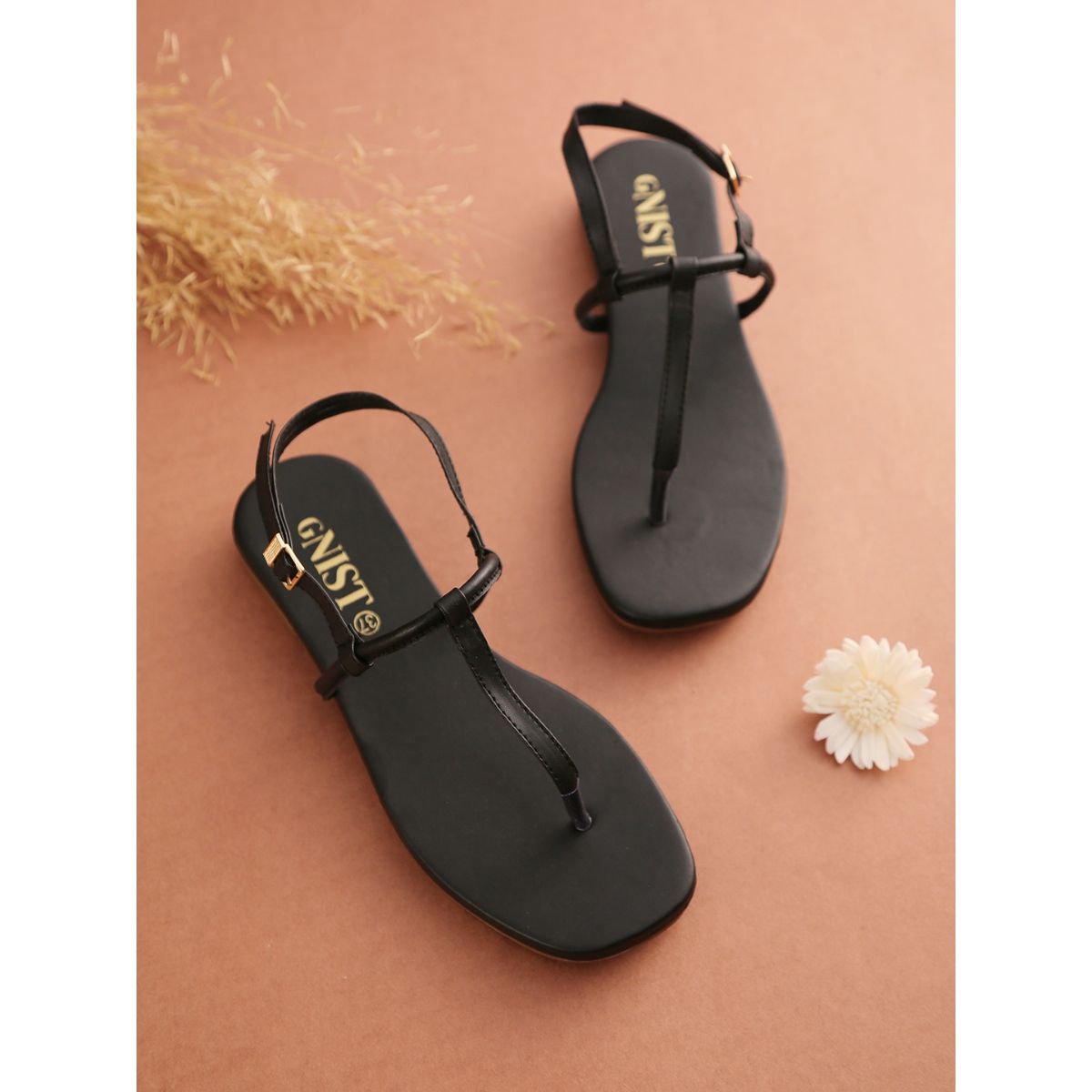 Plain black flat store sandals