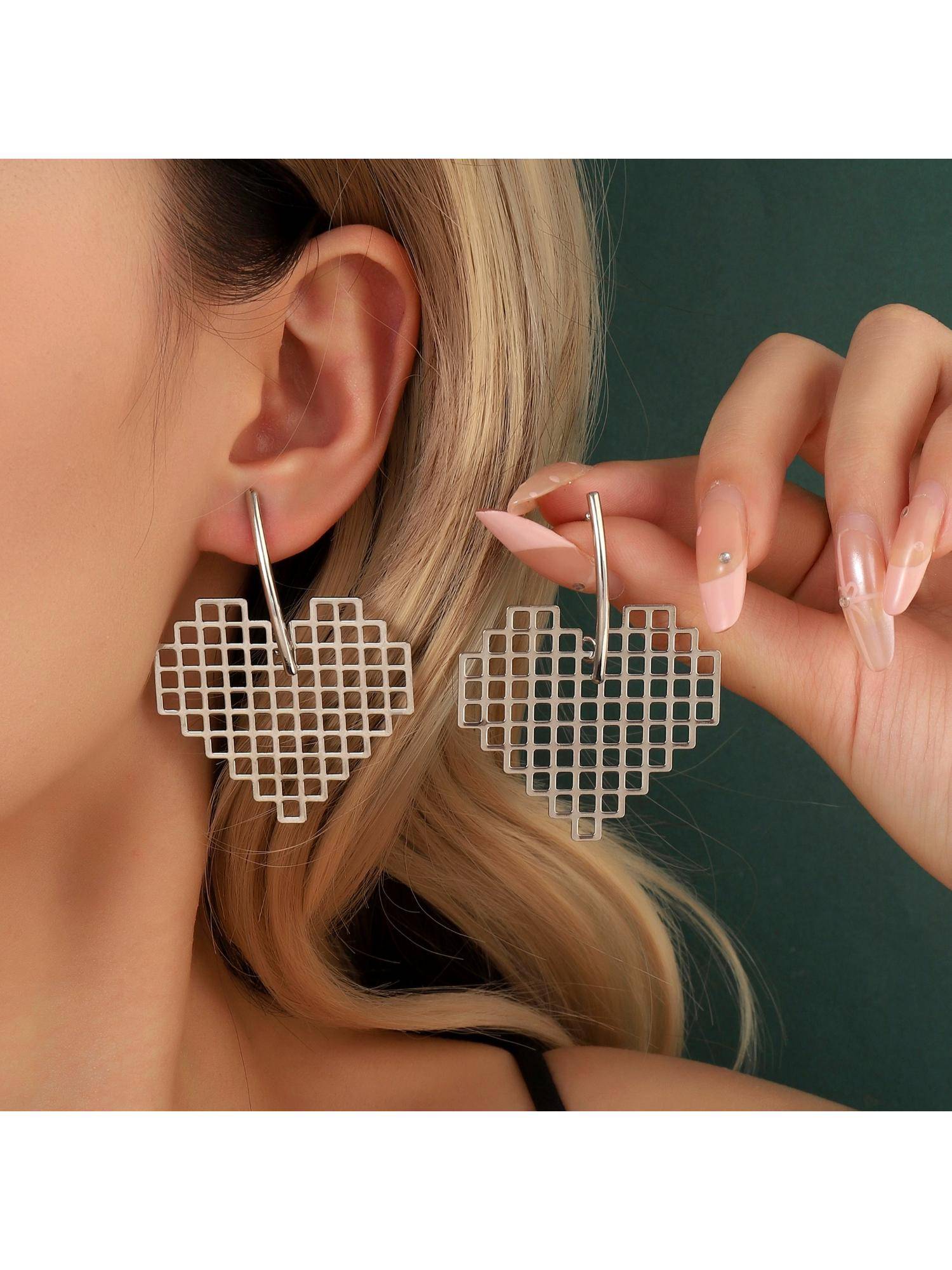 Salty Check Heart Luxury Silver Drop Earrings