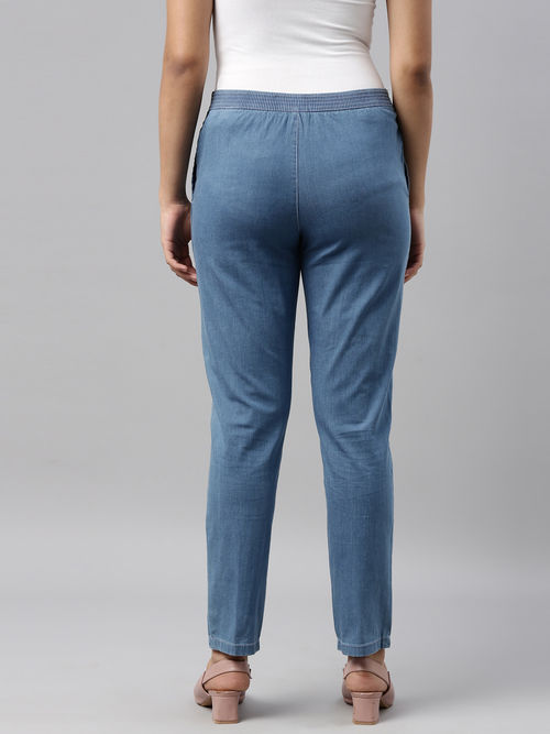 Women Solid Blue Mid Rise Linen Pencil Pants