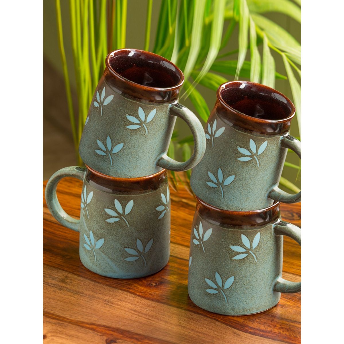ExclusiveLane Leaf Sips Handglazed Studio Pottery Ceramic Coffee Tea Mugs Set Of 4 Buy