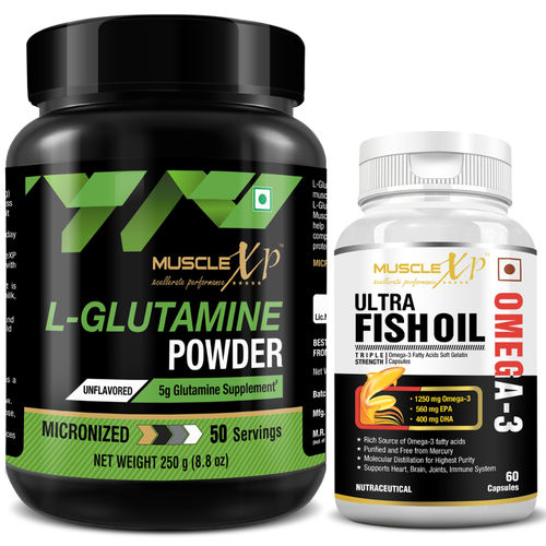 MuscleXP L-glutamine Powder + Omega 3 Ultra Fish Oil Softgels ...