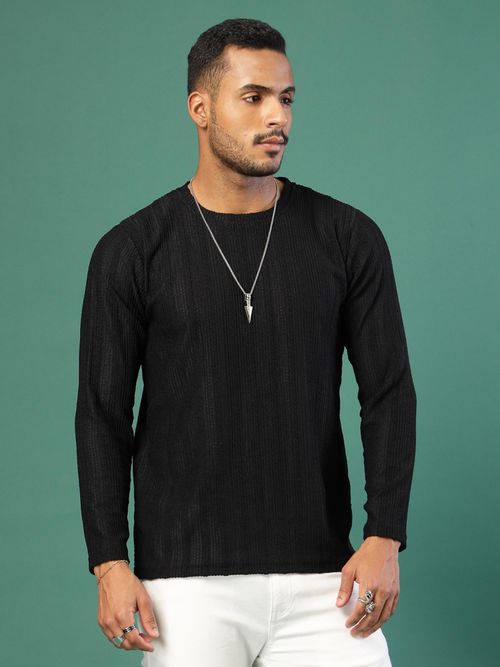 Buy RIGO Men Black Textured Cable Knit T-Shirt Online