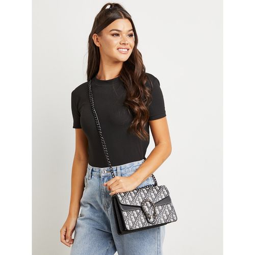 Buy Styli Women's Black Pu Elegant Horseshoe Detail Flap Over