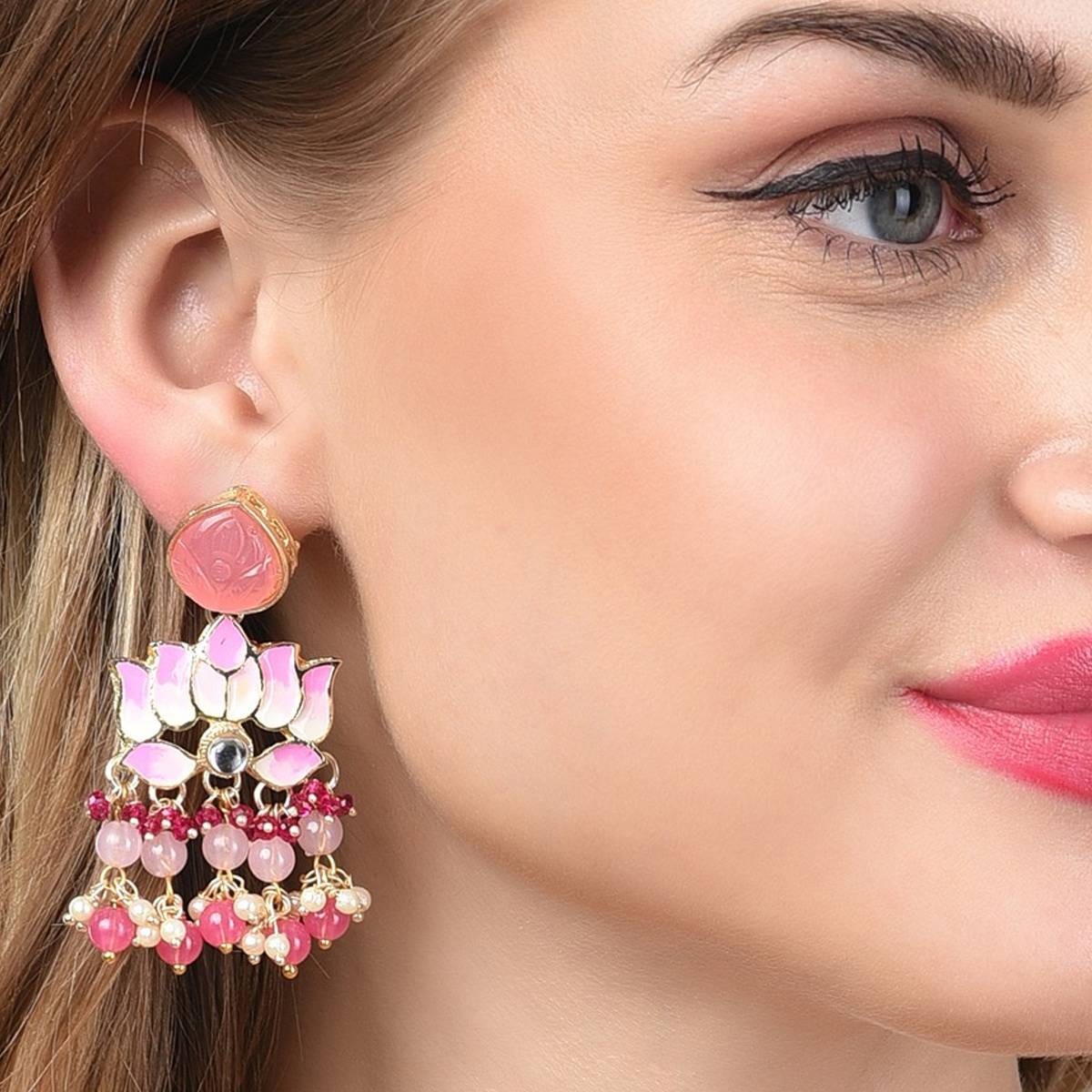 Zaveri Pearls Pink Meenakari Lotus Design Cluster Beads Drop Earring-ZPFK14716