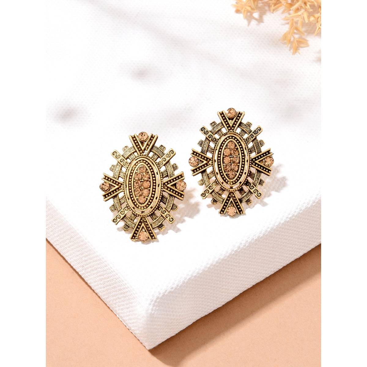 Toniq Womens Stylish Oxidised Gold Plated Geometric Stud Earrings