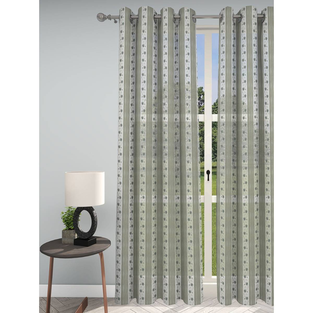 GM Floral Embroidered Grey Sheer Door Curtain - Pack Of 1 (4.3 X 7 Feet, Gold)