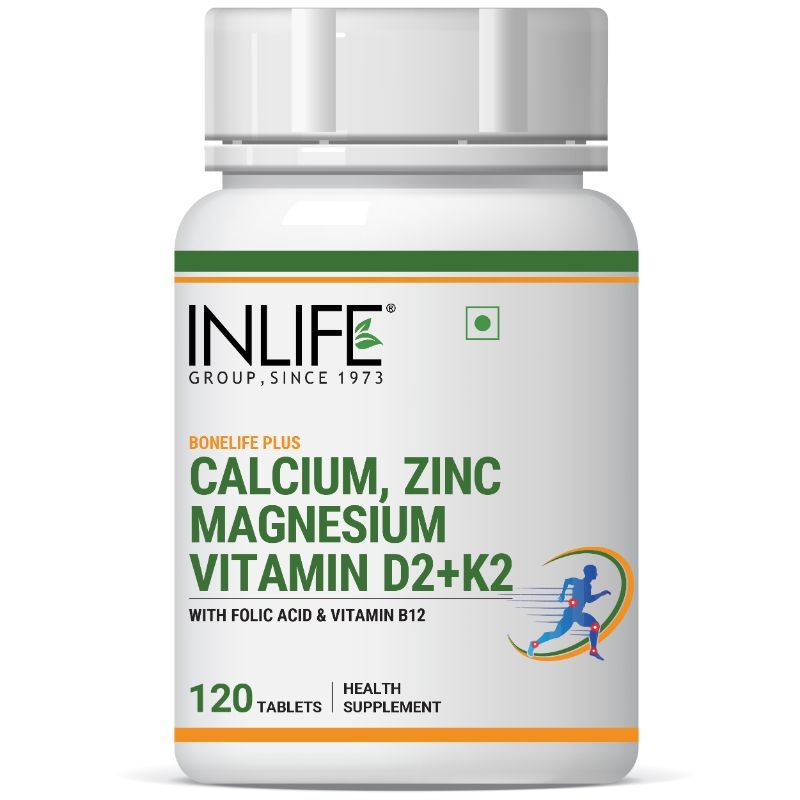 INLIFE Calcium Magnesium Zinc Vitamin D K2 Folic Acid & B12, Bone & Joint Support Supplement