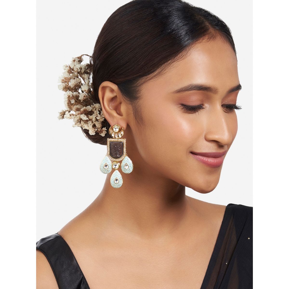 Buy Joules By Radhika Gold Finish Grey and Blue Kundan Polki Dangler