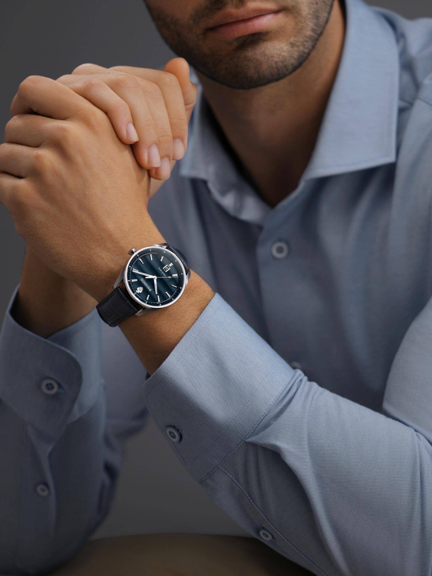 Sandoz Bachelin Gents Quartz 3H with Date Watch - Blue Dial, Blue Leather Strap
