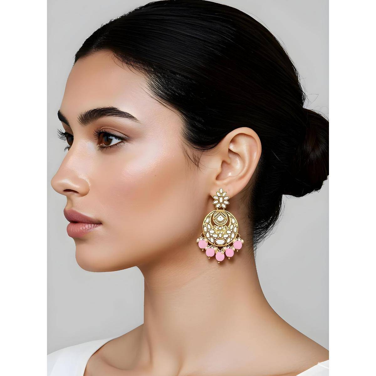 I Jewels Gold Plated Pink Traditional Kundan Chandbali Earrings