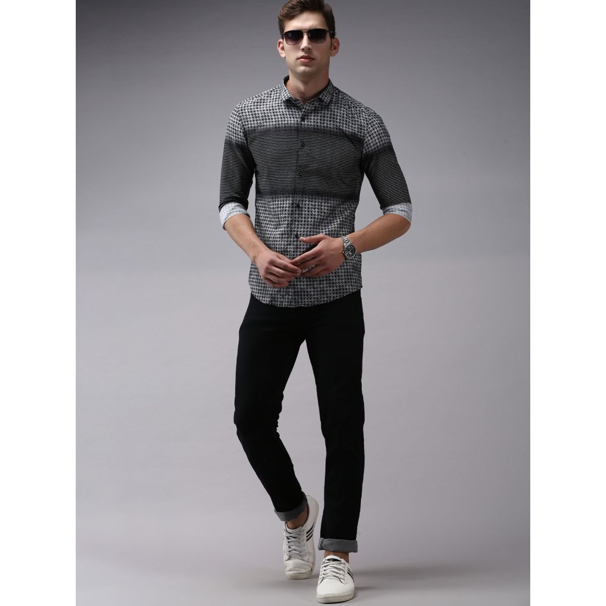 Buy SHOWOFF Men Black Collar Neck Abstract Print Comfort Fit Shirt Online