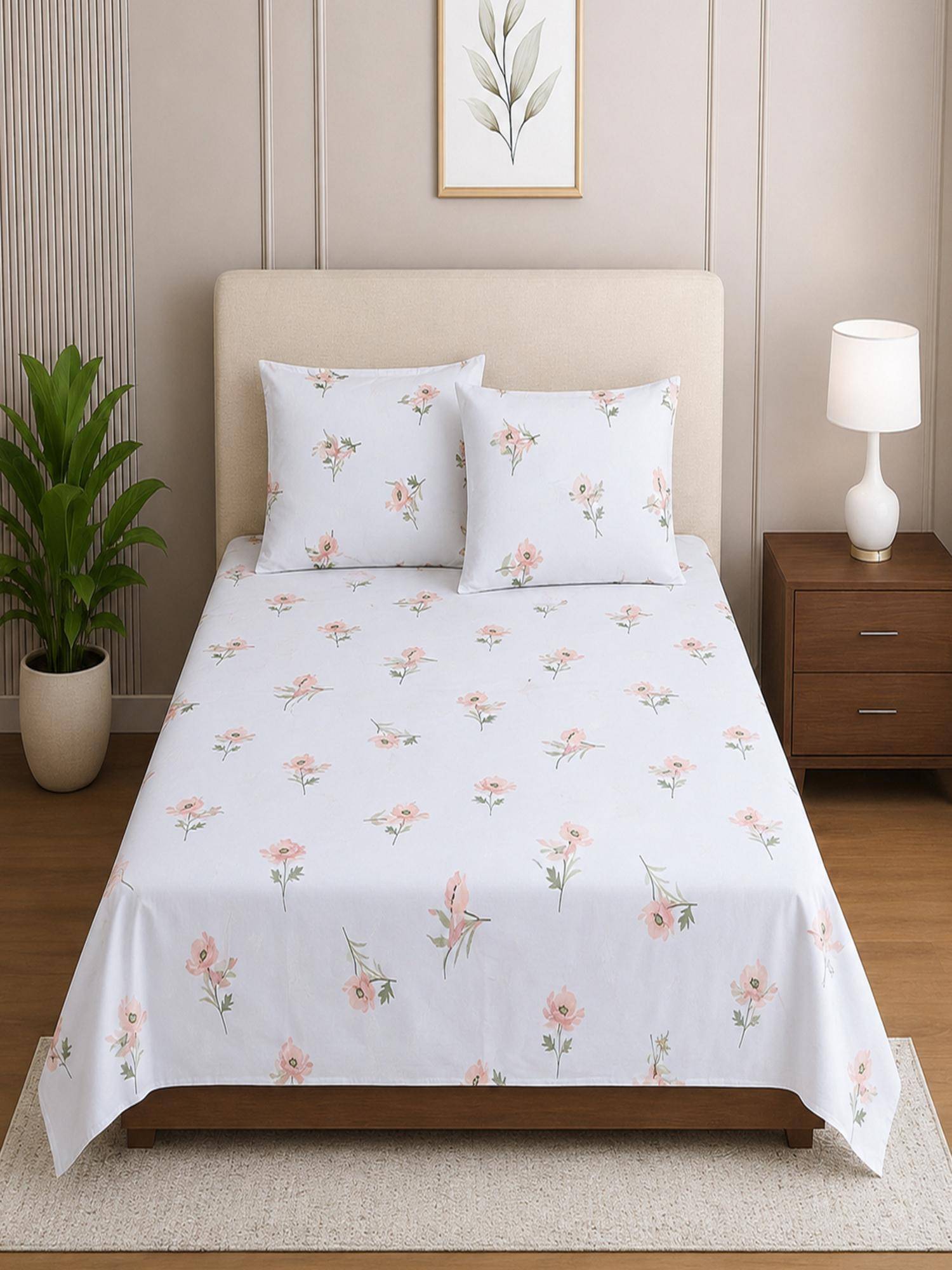Threadwear White Floral Cotton 400 TC Flat Single Bedsheet with 2 Pillow covers