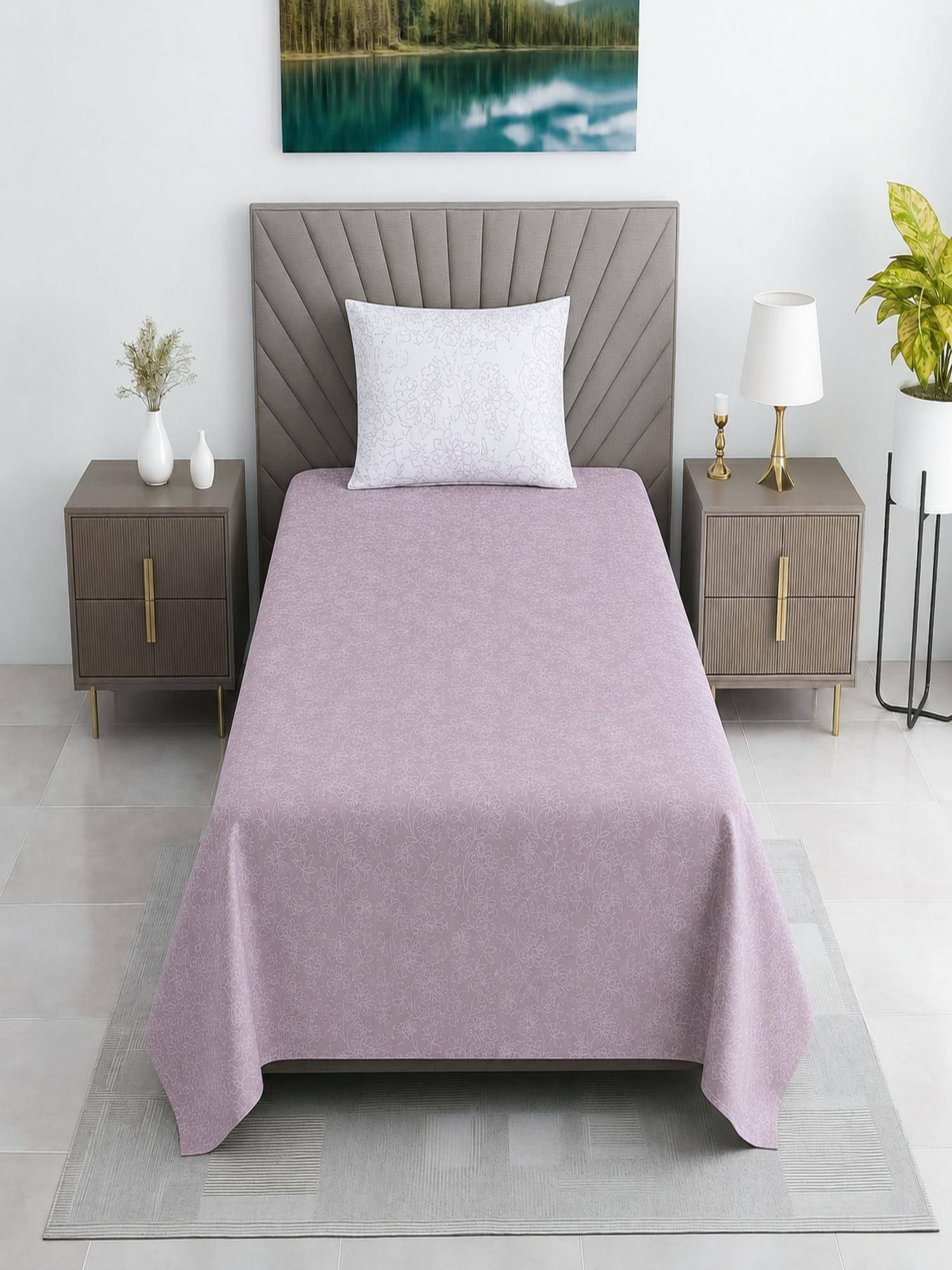 Threadwear Lavender Floral Cotton 400 TC Flat Single Bedsheet with 1 Pillow cover