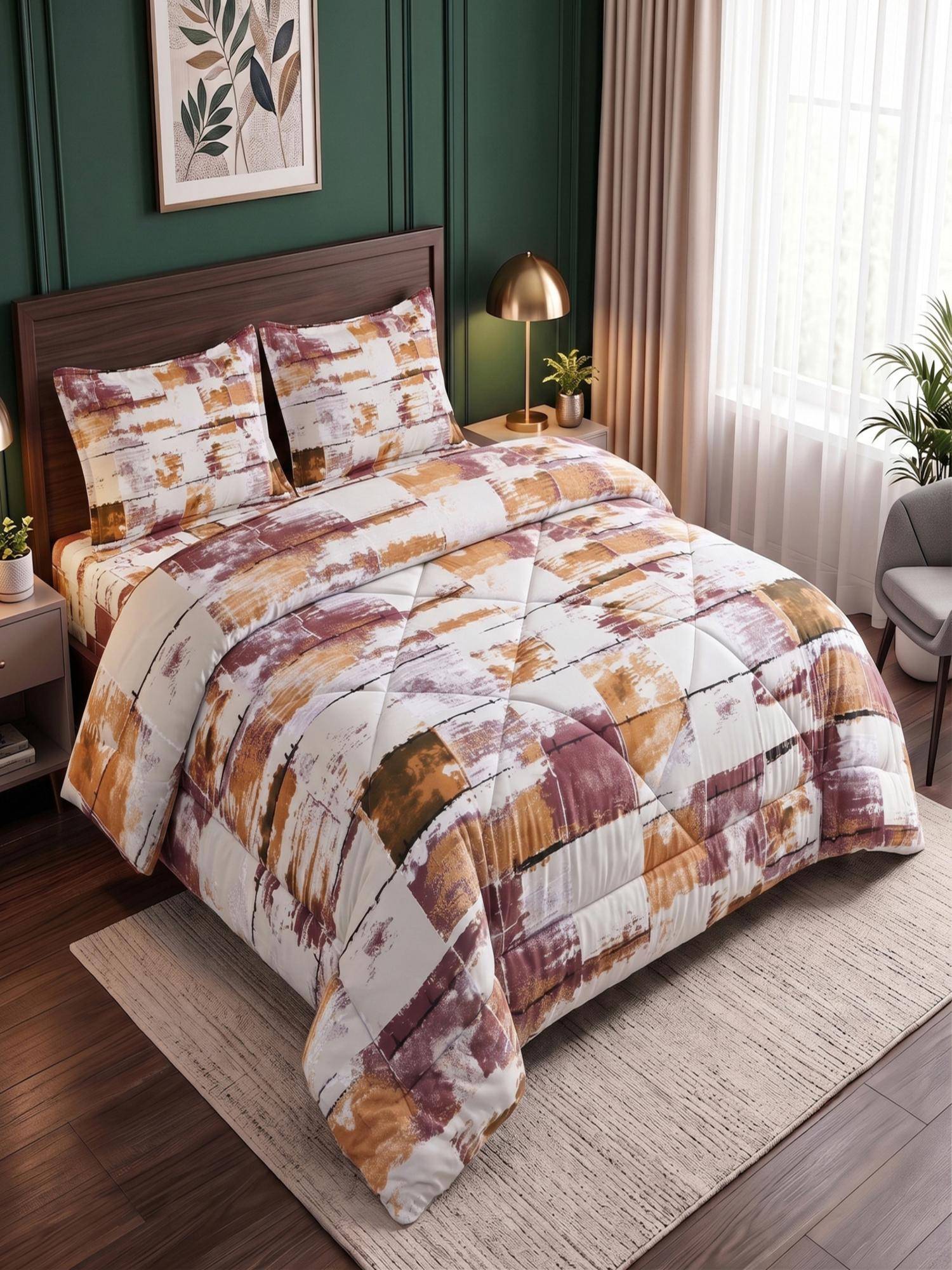 Threadwear Multicolor Abstract Queen Bedsheet With 2 Pillow Covers & Comforter