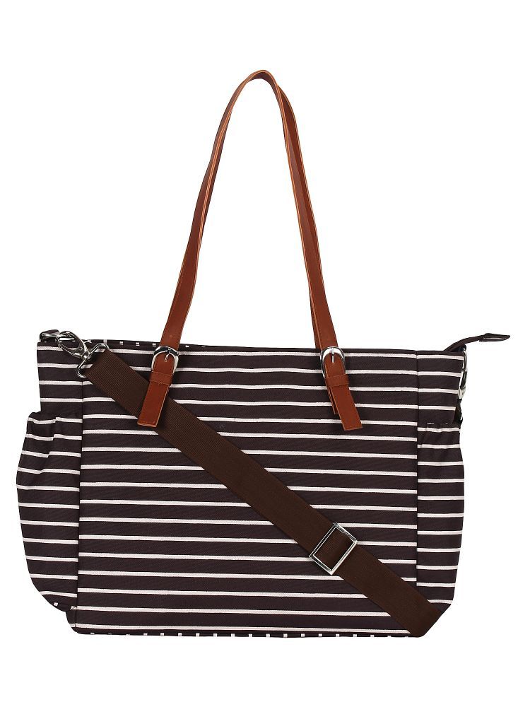 MomLyf Olivia Brown Striped Polyester Diaper Bag With Changing Mat And A Pouch