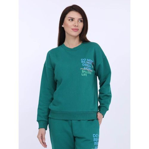 Buy MAYSIXTY Women Fleece Green Printed Full Sleeve Sweat Shirt Online