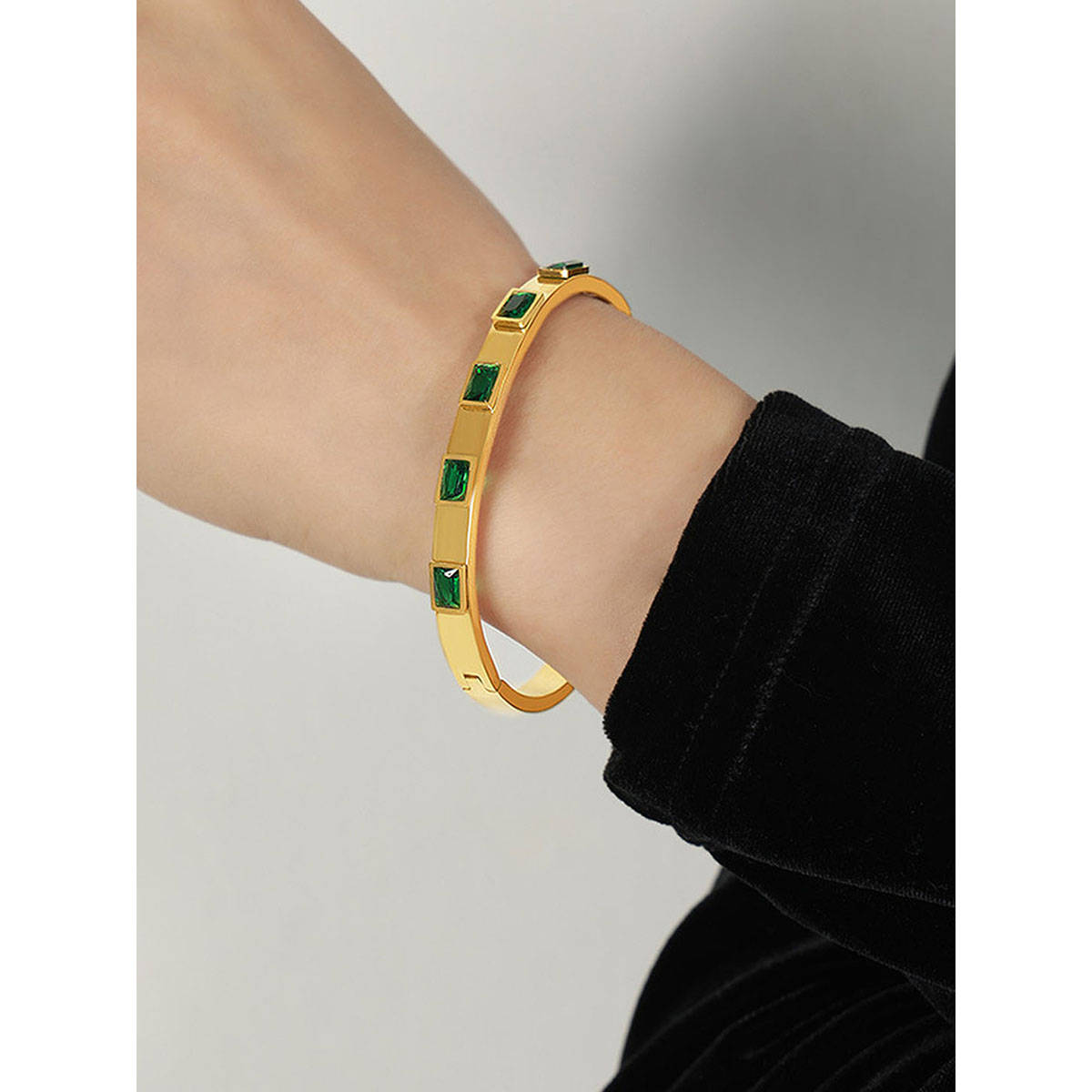 Jewels Galaxy Women Stainless Steel Gold-Plated Green Rectangular American Diamond Kada