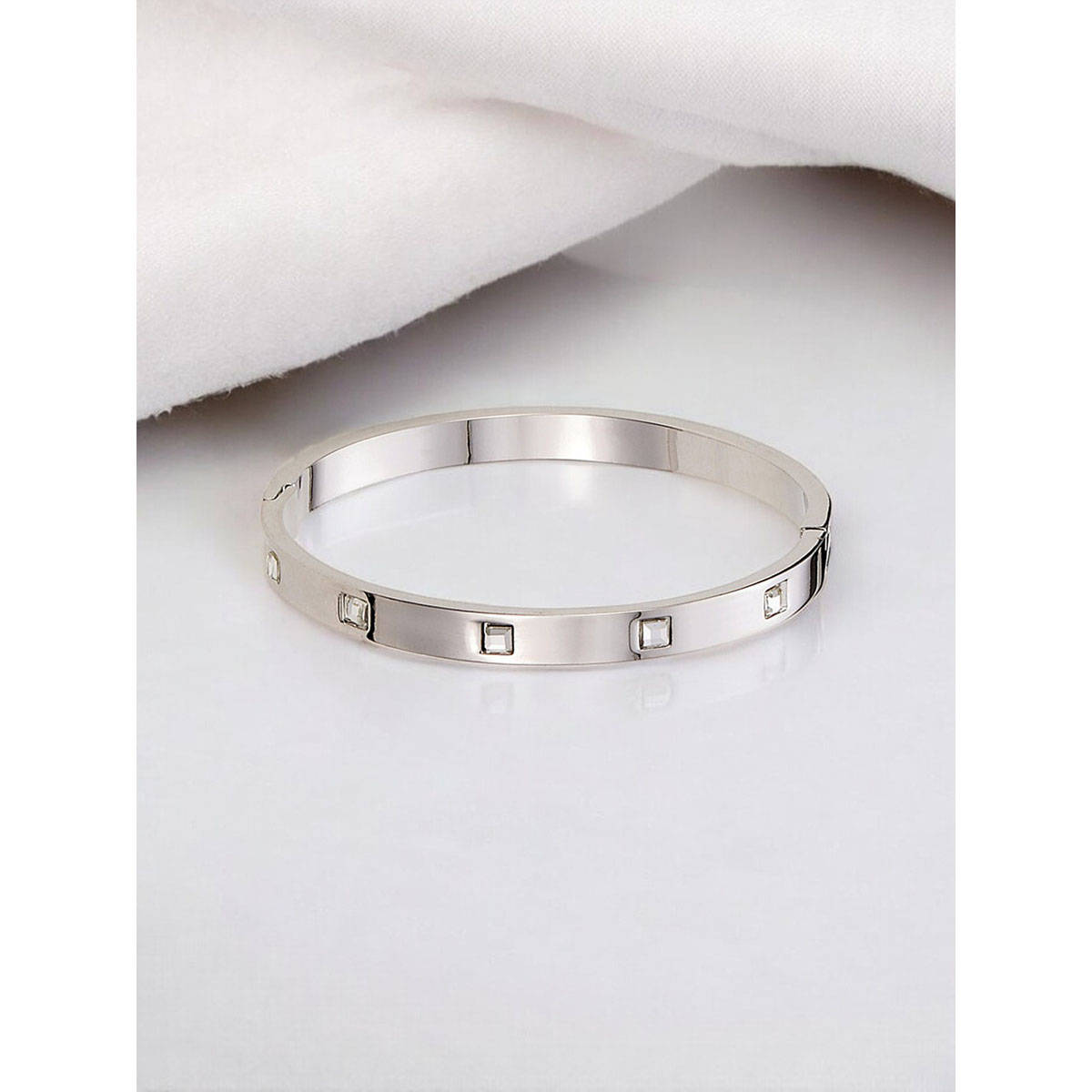 Jewels Galaxy Women Stainless Steel Silver-Plated Square American Diamond Kada