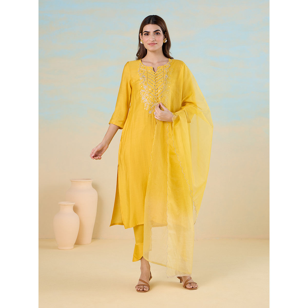 Likha Yellow Smooth Art Silk Embroidered Pakistani Straight Kurta with Pant & Dupatta LIKEDSKD02 (S)