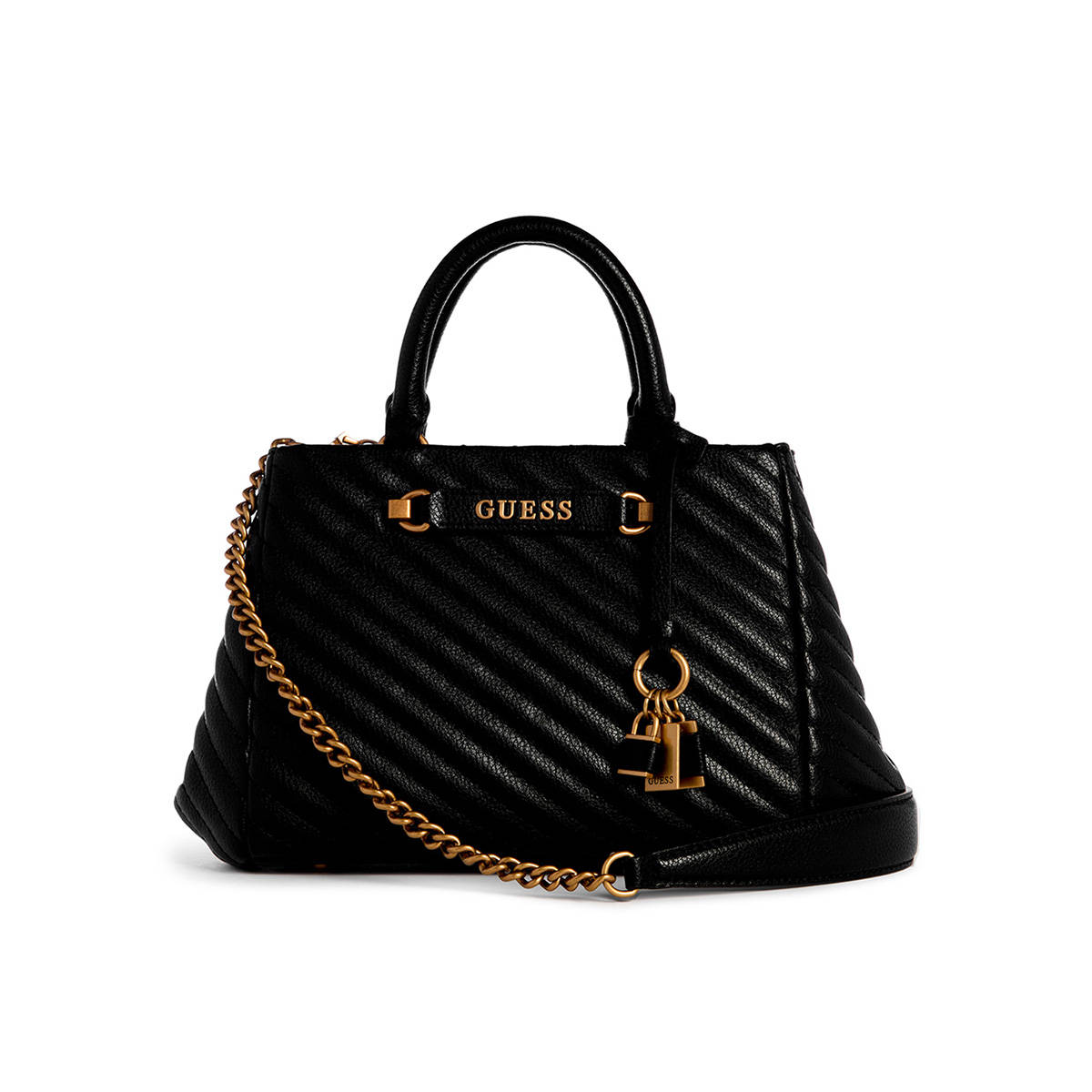 Guess Black Quilted Sela Small Girlfriend Satchel Bag with Detachable Strap