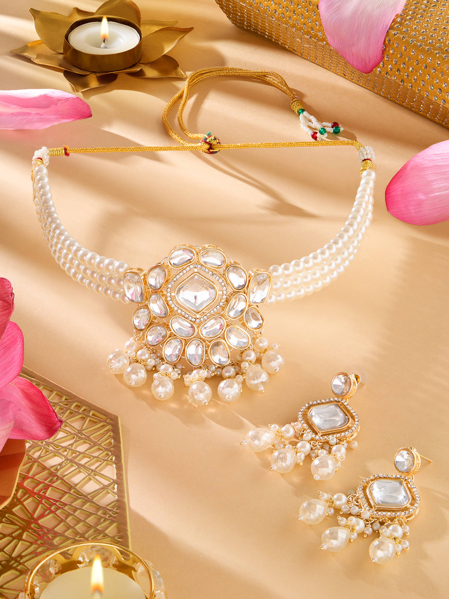 Zaveri Pearls Gold Tone Stones Multistrand Choker Necklace and Earrings