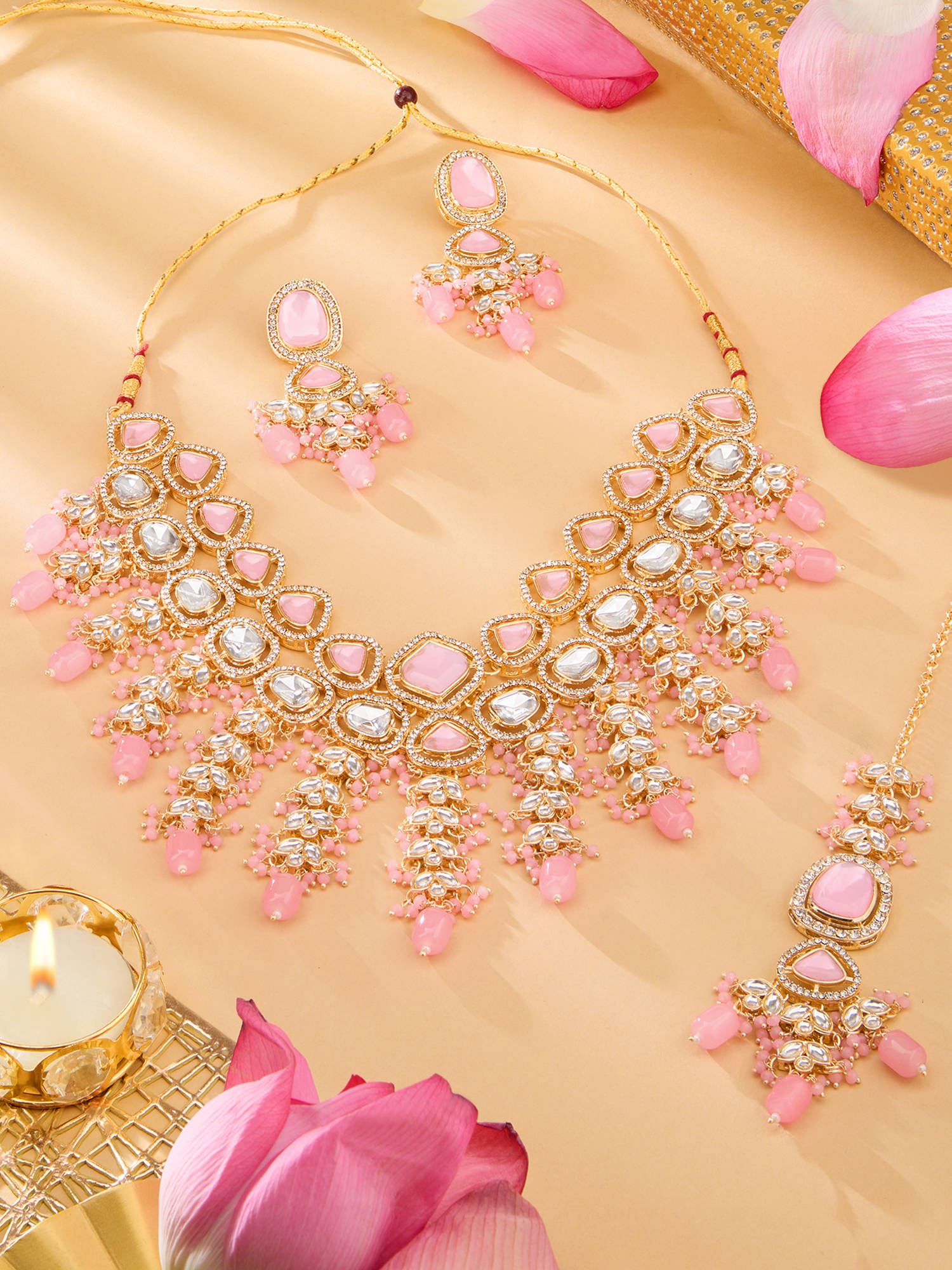 Zaveri Pearls Pink Stones Beads Choker Necklace & Earrings with Maangtikka