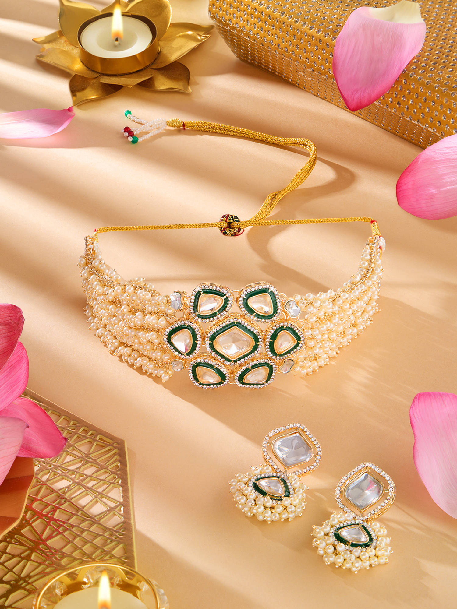 Zaveri Pearls Green Enamel Center Piece Multistrand Necklace Earrings