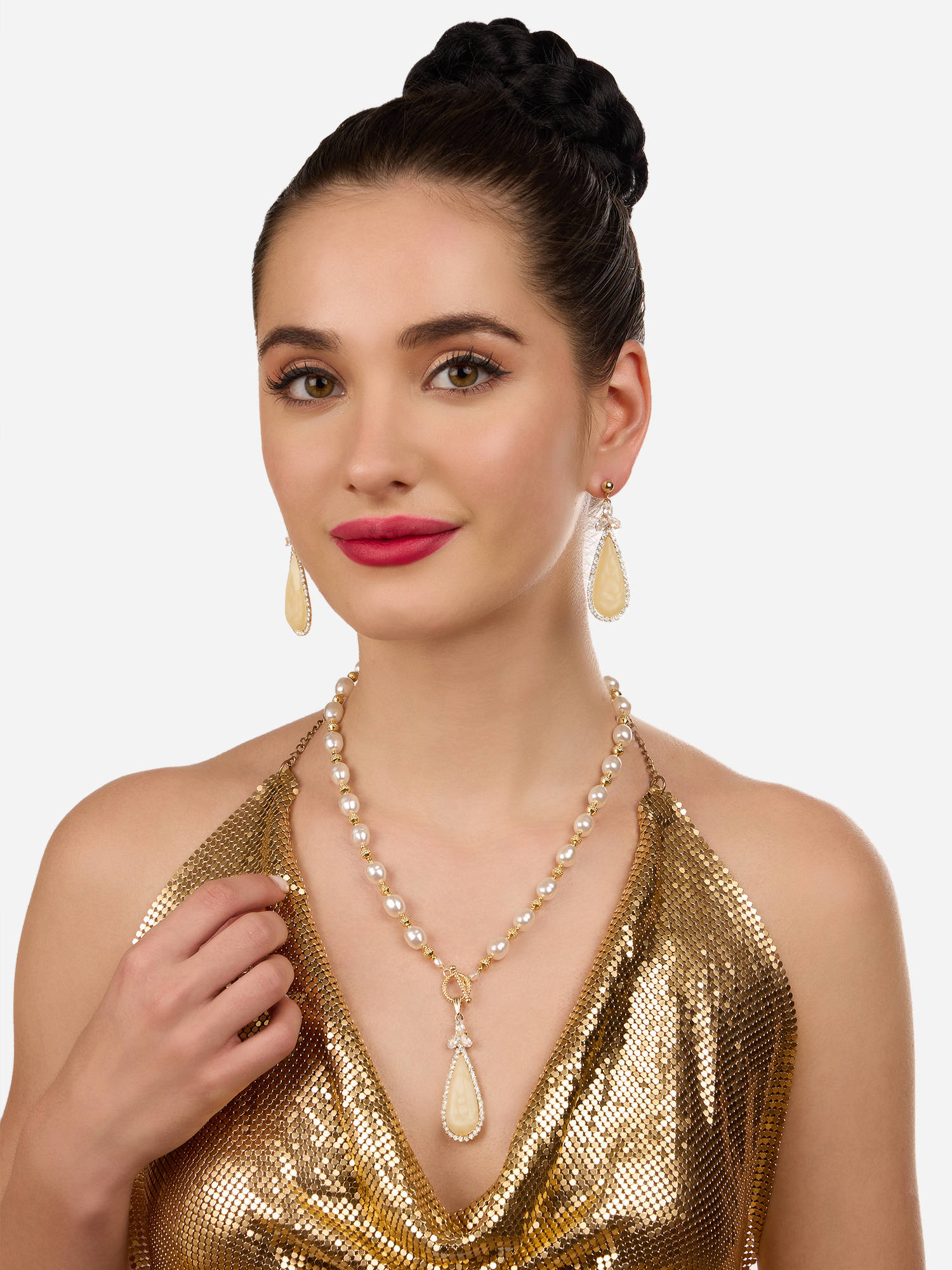 Zaveri Pearls Gold Tone Beaded Diamonds Toggle Clasp Necklace and Earrings