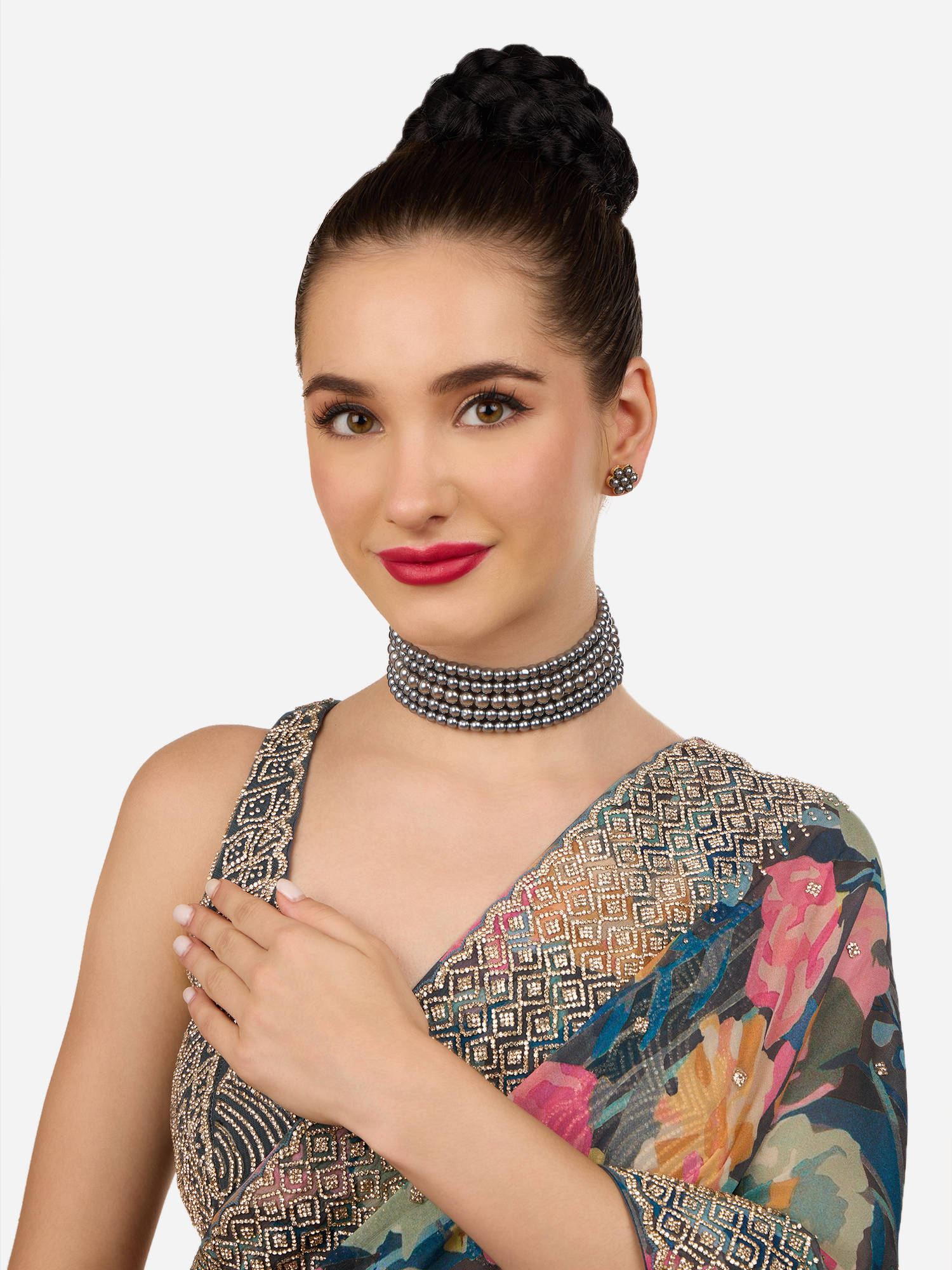 Zaveri Pearls Grey Multistrand Contemporary Choker Necklace and Earring Set-Zpfk18342