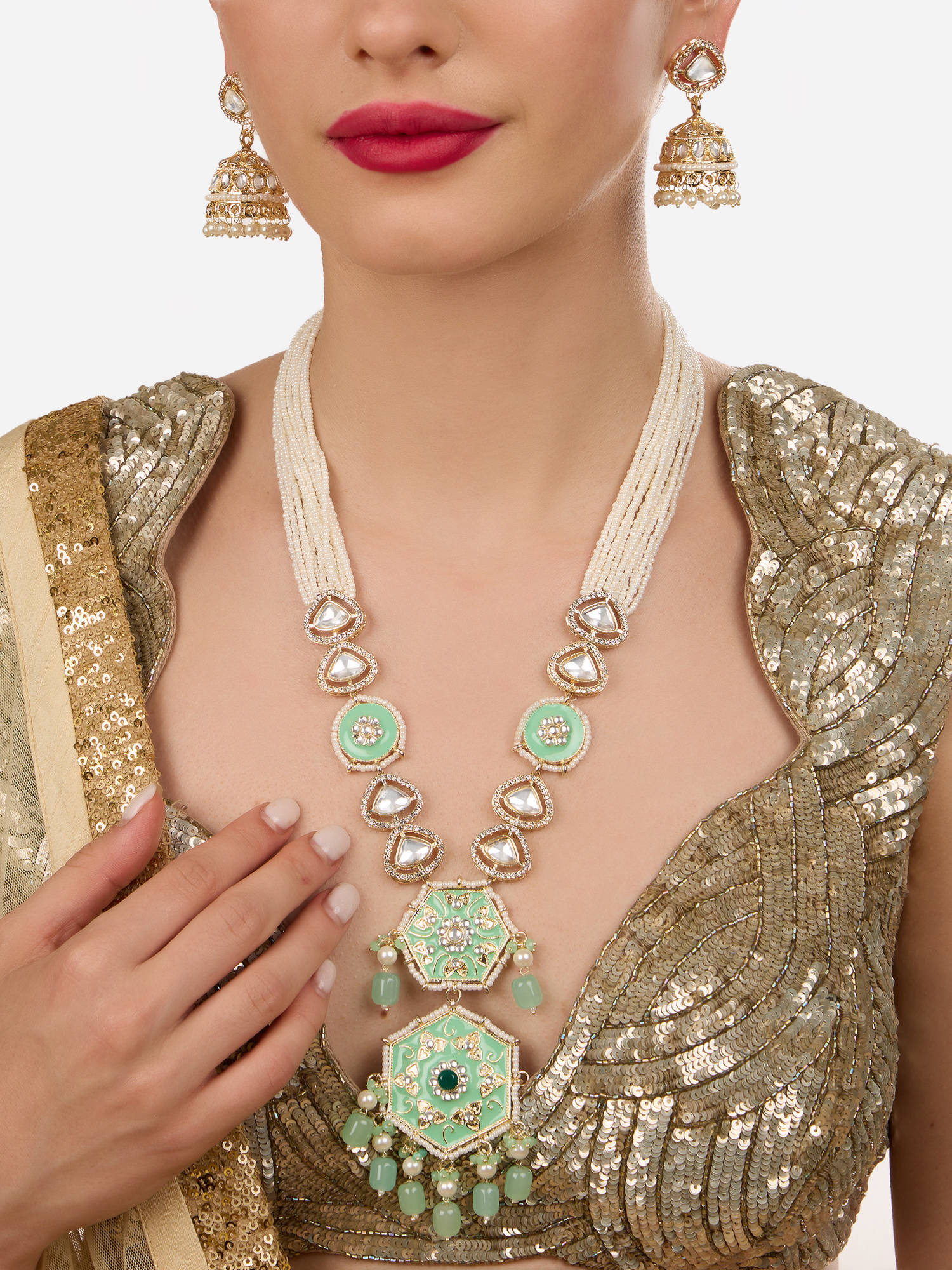 Zaveri Pearls Mint Green Meenakari Stones Beads Necklace and Earring Set-Zpfk18372