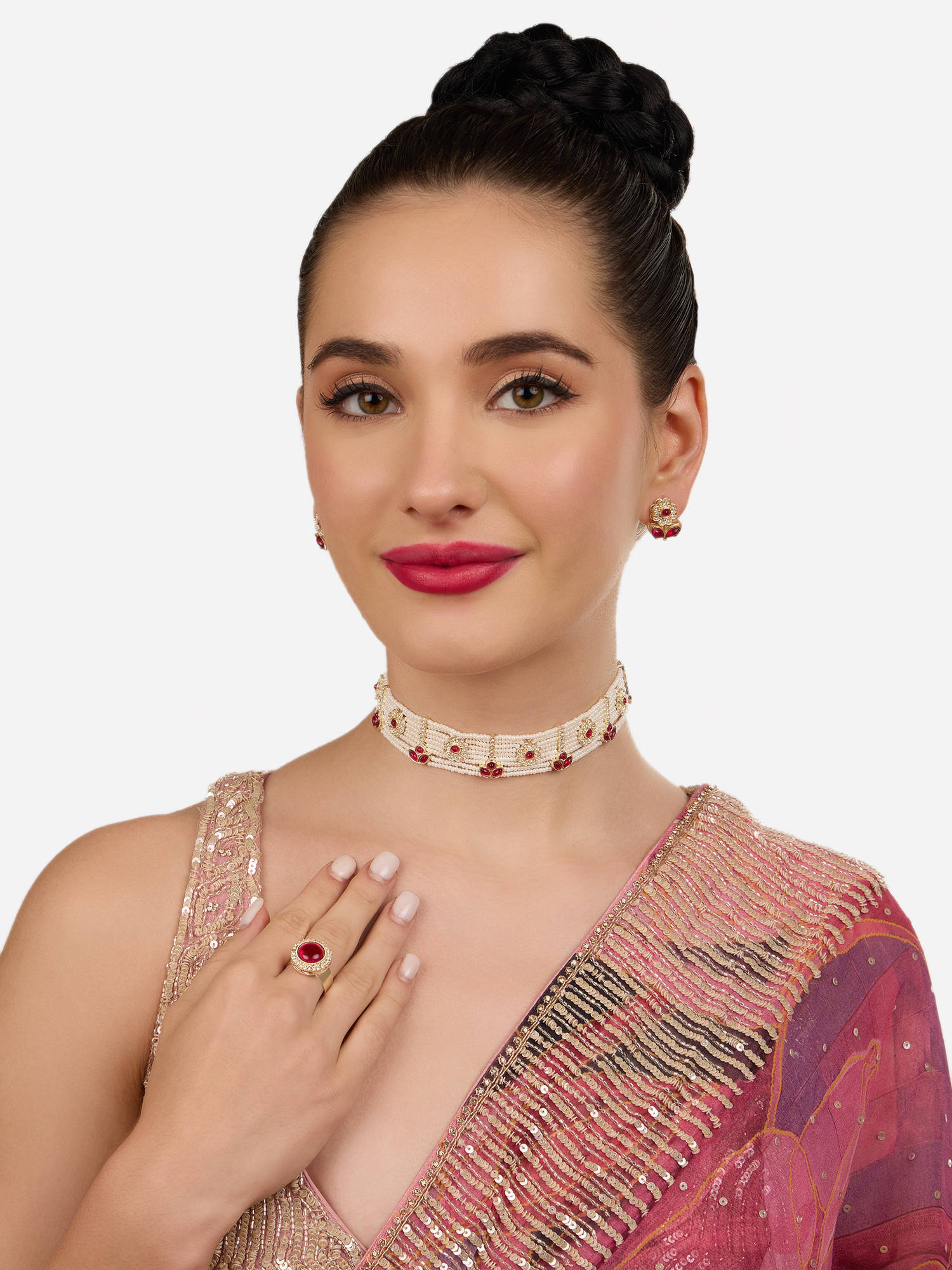 Zaveri Pearls Rani Pink Floral Multistrand Choker Necklace Earring Ring Set-Zpfk18382