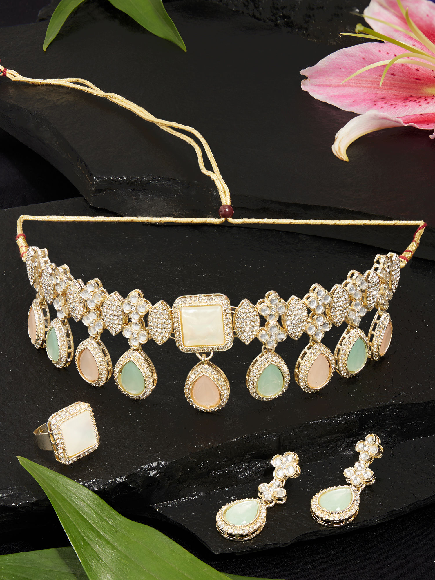 Buy Zaveri Pearls Mint Green Peach Stones Diamonds Choker Necklace