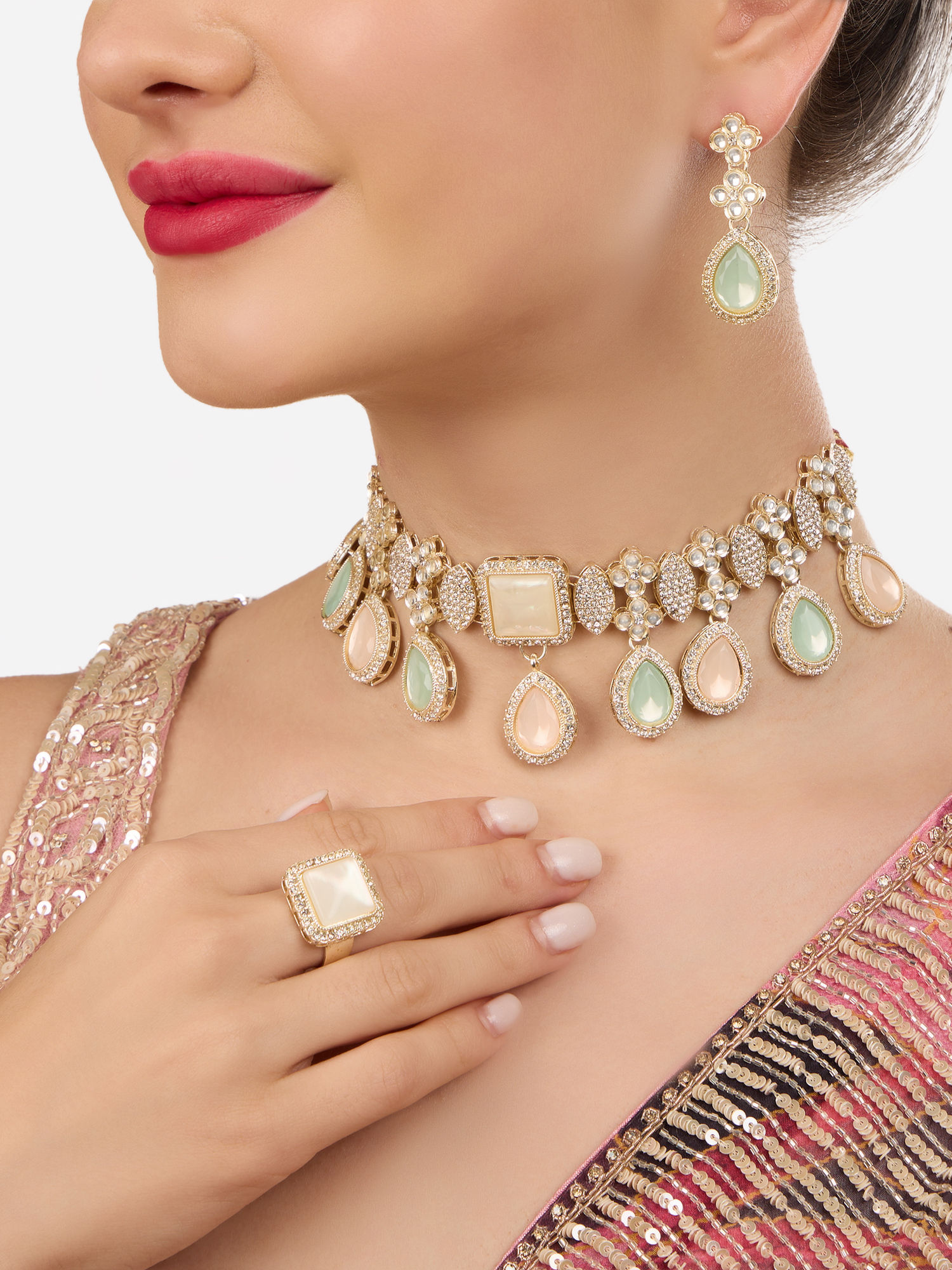 Buy Zaveri Pearls Mint Green Peach Stones Diamonds Choker Necklace