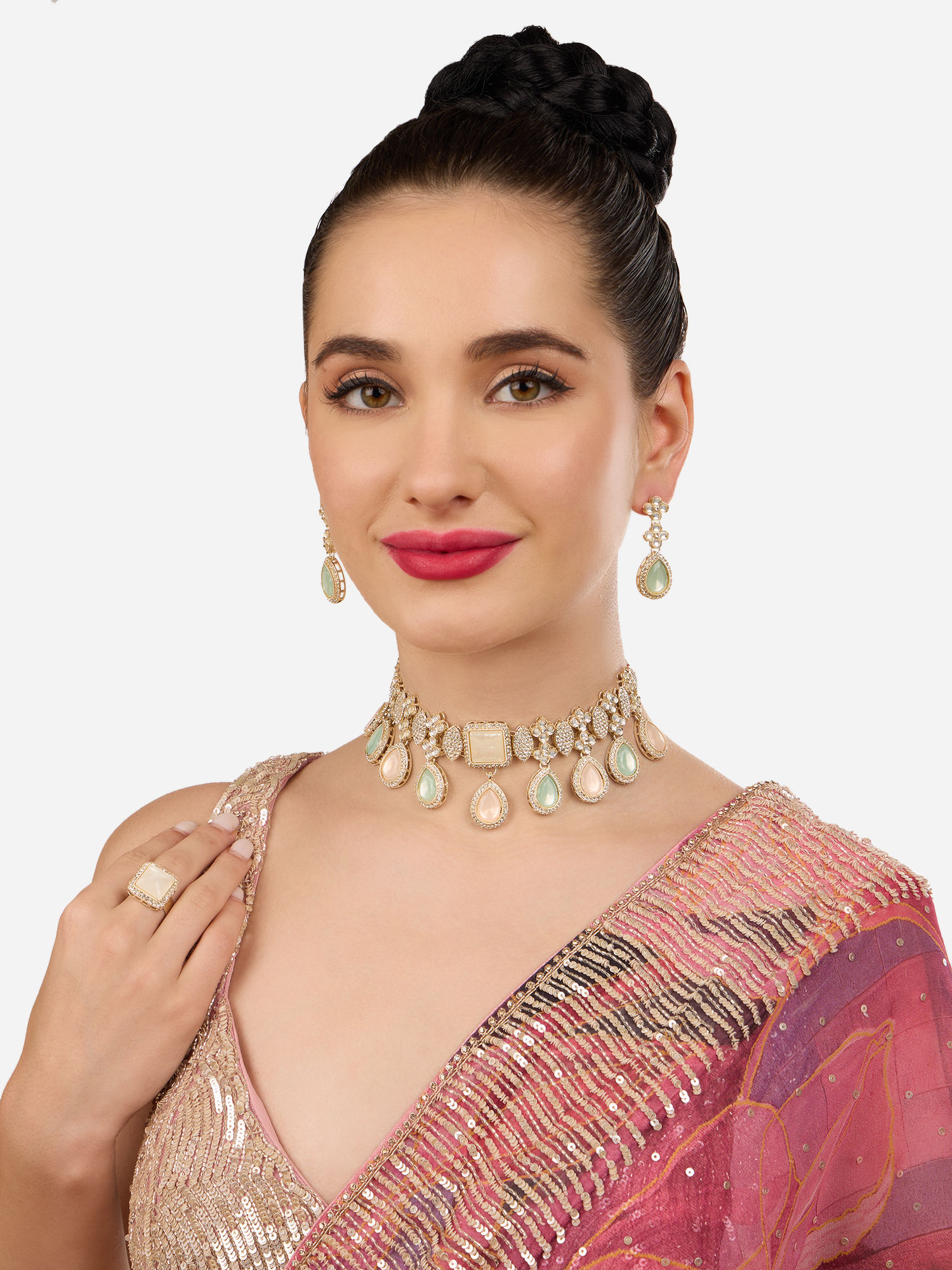 Buy Zaveri Pearls Mint Green Peach Stones Diamonds Choker Necklace