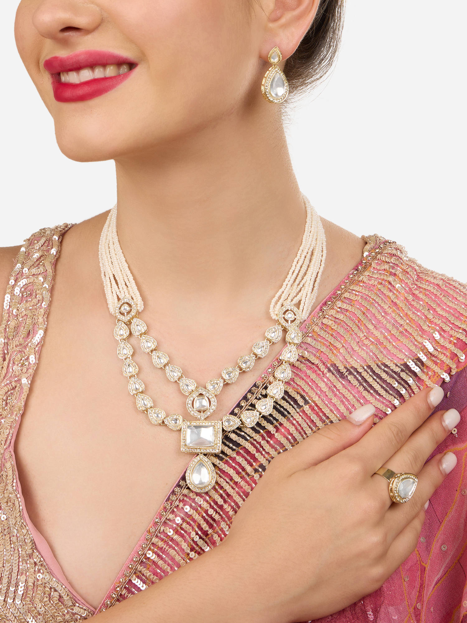 Zaveri Pearls Gold Tone Diamonds Multistrand Necklace Earring and Ring Set-Zpfk18609