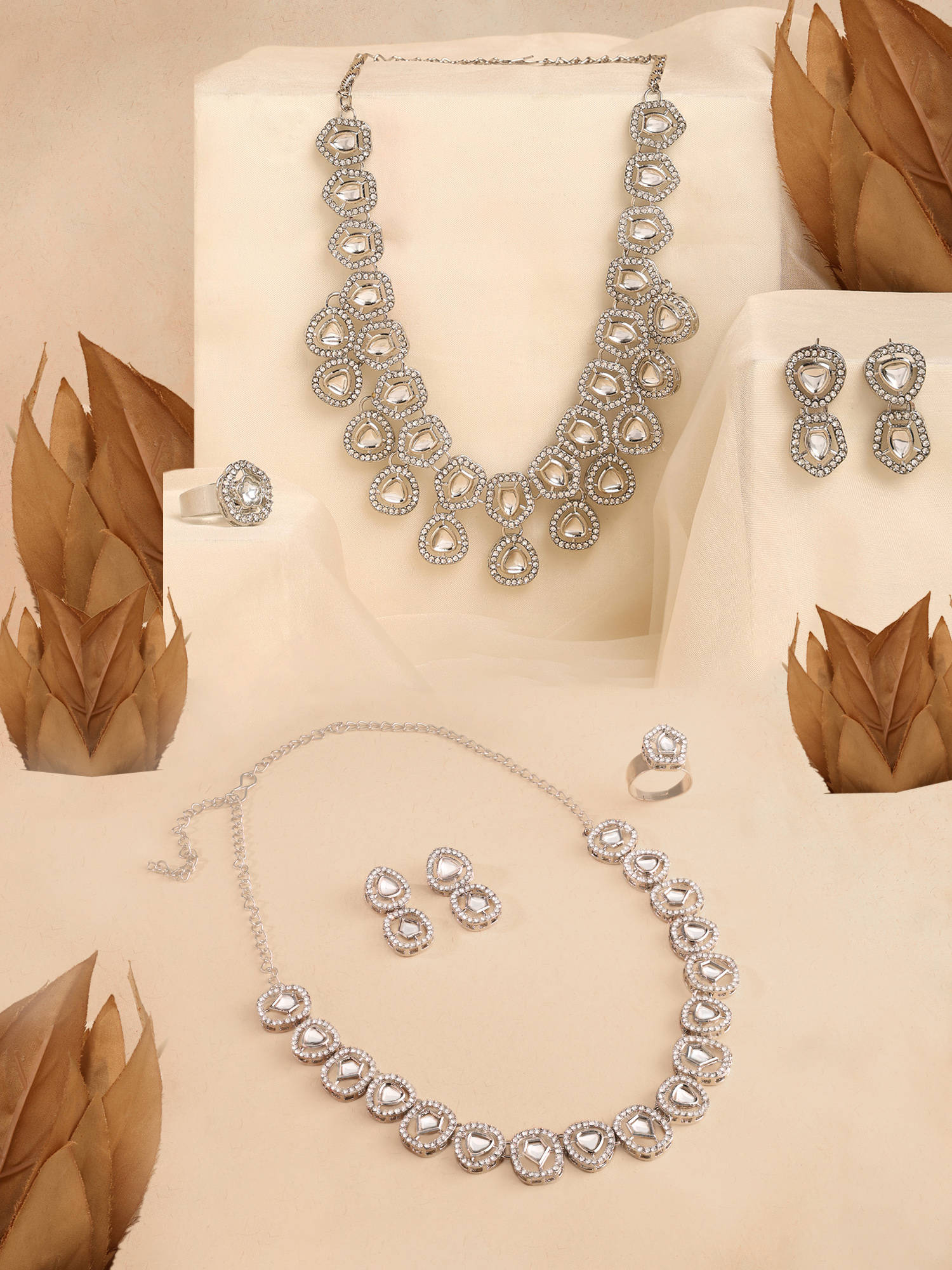 Zaveri Pearls Pack Of 2 Silver Tone Diamonds Necklaces Earrings Rings Set