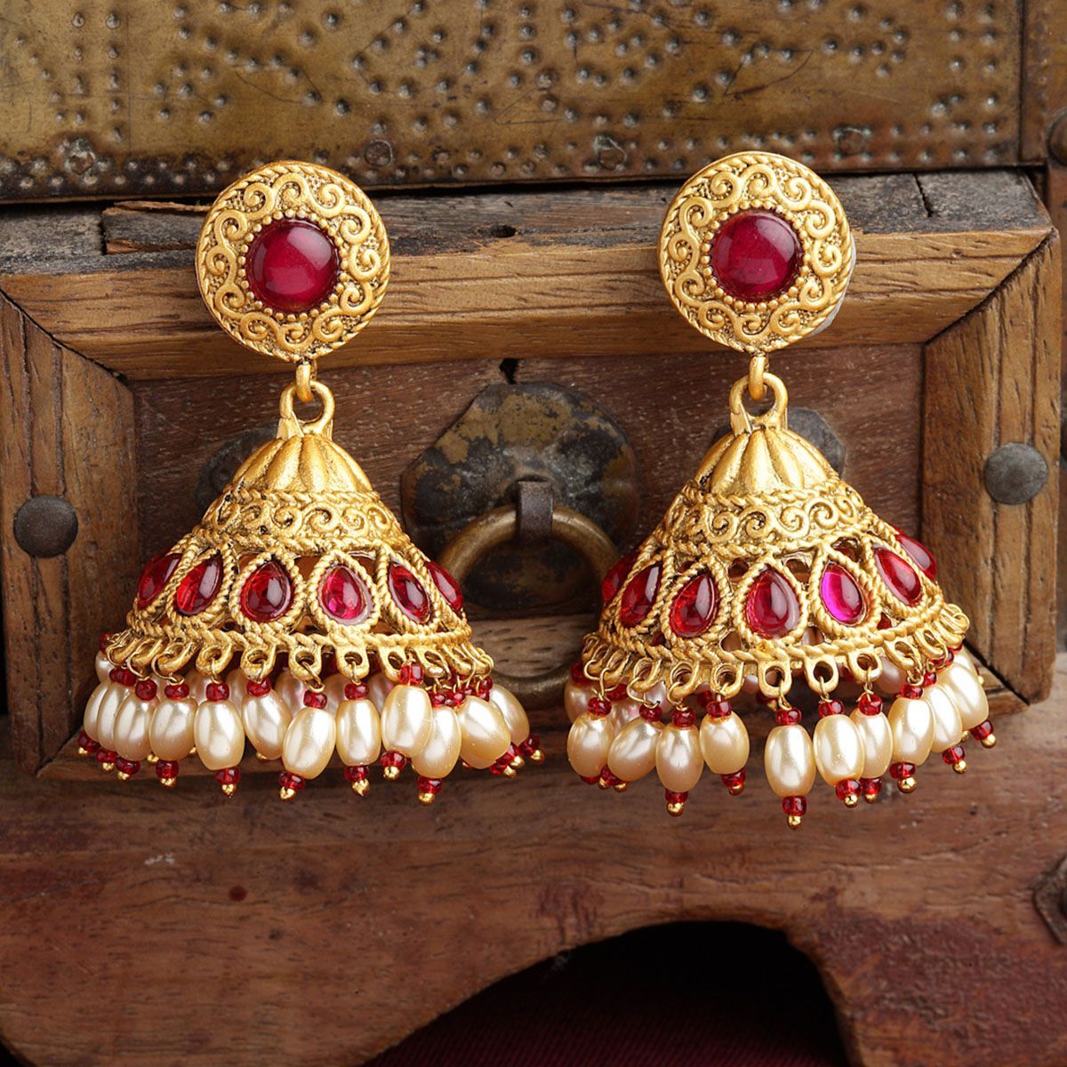 Buy PANASH Gold Plated Red Stone and Pearls Handcrafted Jhumka