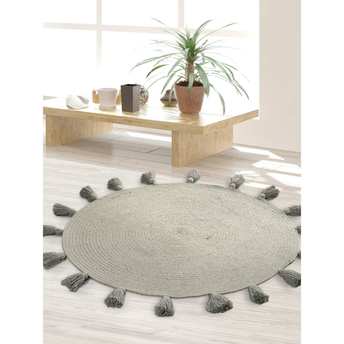 Sashaa World Cotton Braided Rug with Tassels (Reversible) Grey